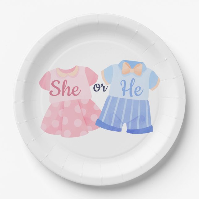 Elegante rosa und blaue „Sie oder Er?“ Geschlechts Pappteller (Vorderseite)