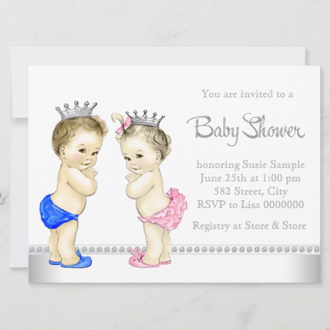 Elegante Rosa und Blue Twin Baby Dusche Einladung (Vorderseite)