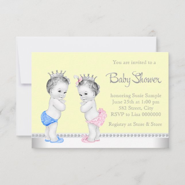 Elegante Rosa und Blue Twins Baby Dusche Einladung (Vorderseite)