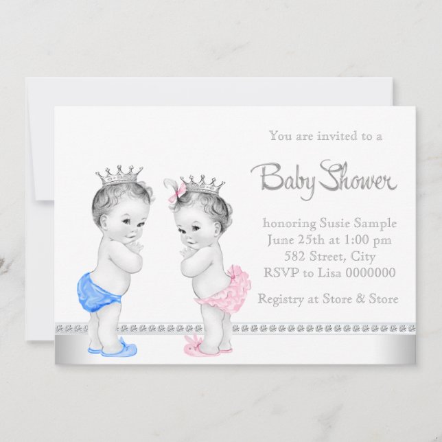 Elegante Rosa und Blue Twins Baby Dusche Einladung (Vorderseite)