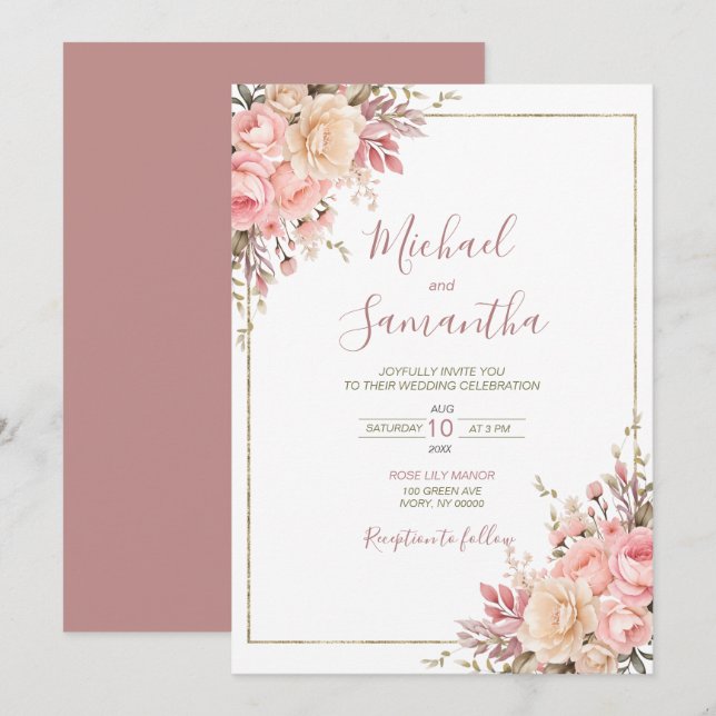 Elegante Rosa- und Elfenbeinfrühlings-Hochzeit der Einladung (Vorne/Hinten)