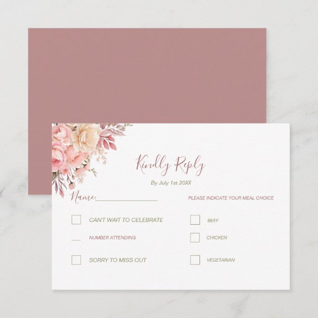 Elegante Rosa- und Elfenbeinfrühlings-Hochzeit der RSVP Karte (Vorne/Hinten)