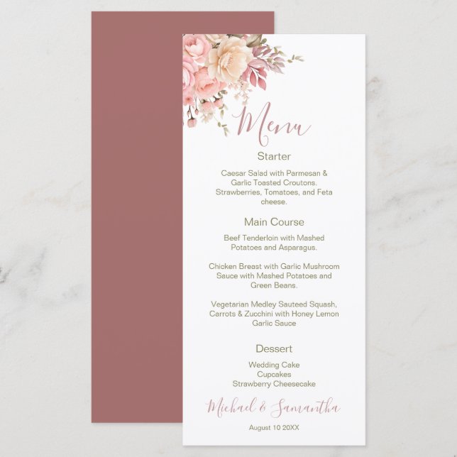 Elegante Rosa- und Elfenbeinhochzeit - Rose Menükarte (Vorne/Hinten)