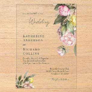 Elegante rosa und gelbe Pfingstrosen-Hochzeit Acryleinladungen