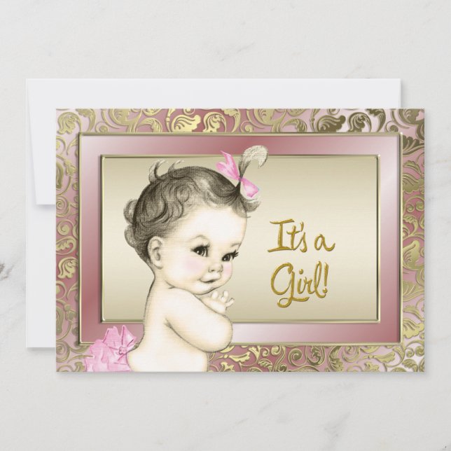 Elegante Rosa und Gold Baby Dusche Einladung (Vorderseite)