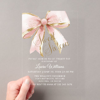 Elegante Rosa und Gold Coquette Schleife Sweet 16t Acryleinladungen