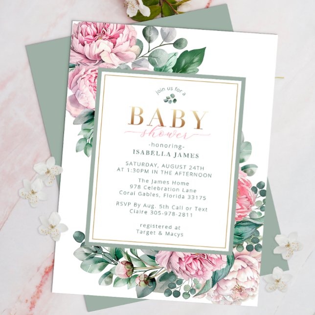 Elegante Rosa und Gold Floral Girl Baby Shower Inv Einladung (Floral Pink Baby Shower & Greenery Invite )