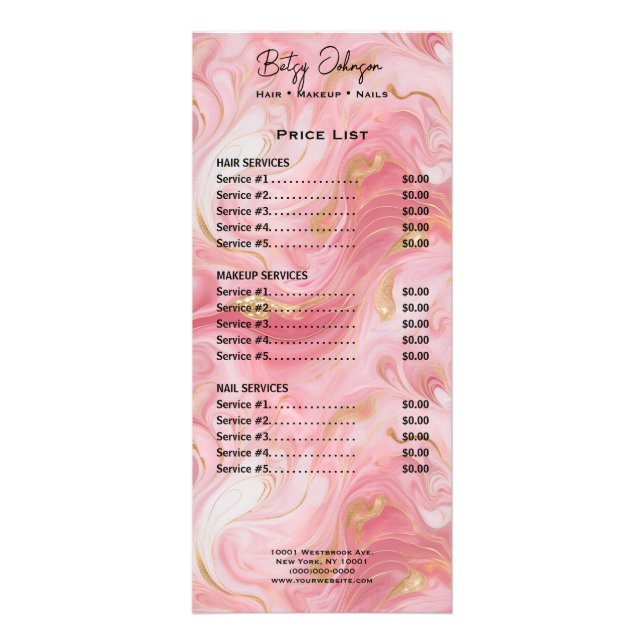 Elegante Rosa- und Gold-Marmorrackkarten-Preislist Werbekarte (Vorne)