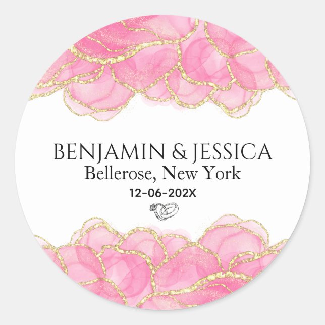 Elegante Rosa und Gold Moderne Hochzeit Runder Aufkleber (Vorderseite)