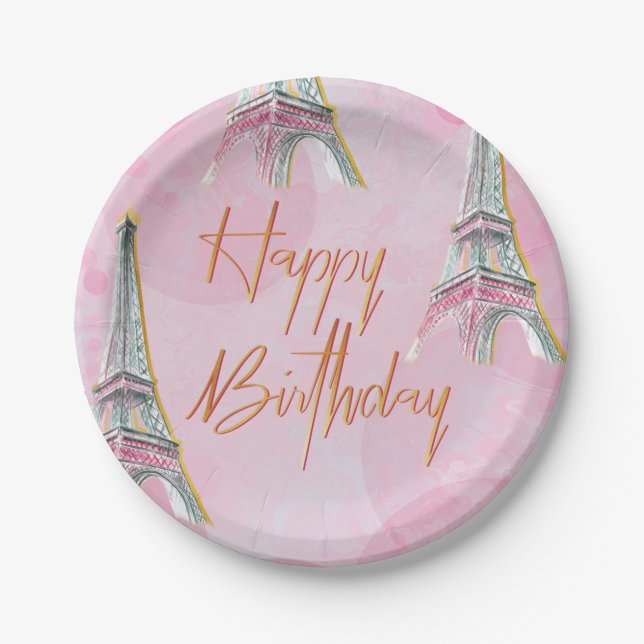 Elegante Rosa und Gold Paris Themenparty Pappteller (Vorderseite)