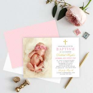 Elegante rosa und goldene Baby-Foto-Taufe Mädchen Einladung