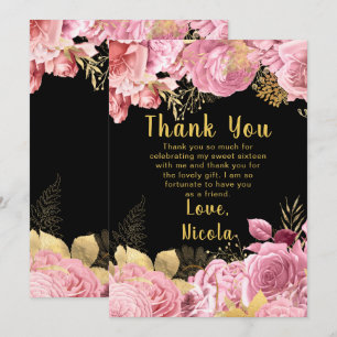 Elegante rosa und goldene Blumen Sweet Sixteen Dankeskarte