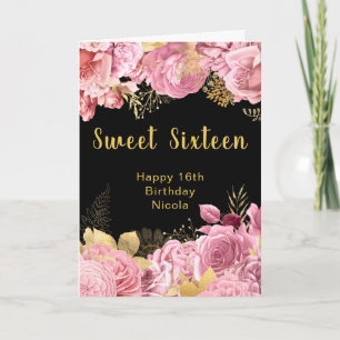 Elegante rosa und goldene Blumen Sweet Sixteen Karte