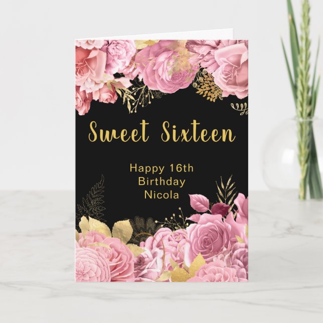 Elegante rosa und goldene Blumen Sweet Sixteen Karte (Vorderseite)