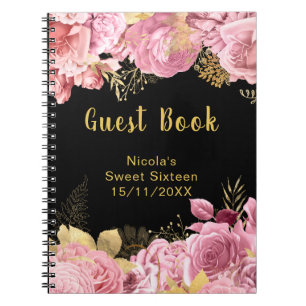 Elegante rosa und goldene Blumen Sweet Sixteen Notizblock