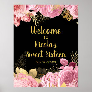Elegante rosa und goldene Blumen Sweet Sixteen Poster