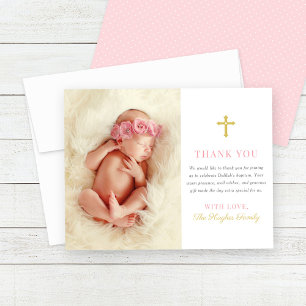 Elegante rosa und goldene Taufe Foto für Baby Mädc Dankeskarte