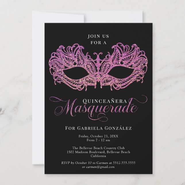 Elegante Rosa und Goldmasquerade Maske Quinceanera Einladung (Vorderseite)