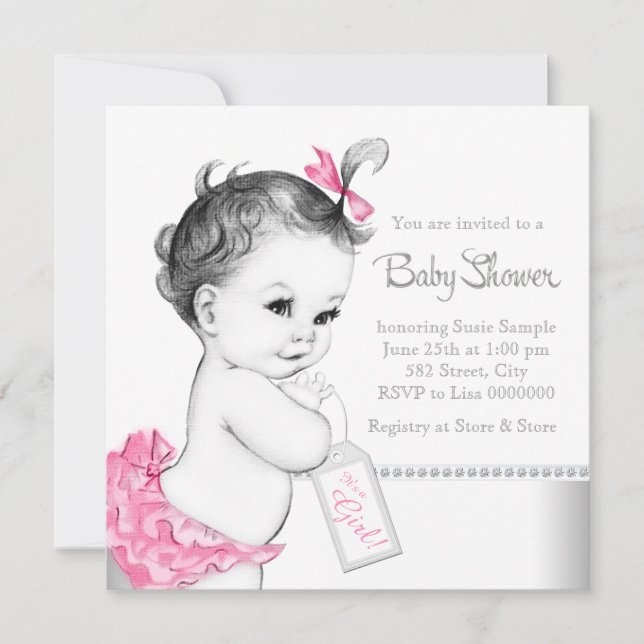 Elegante Rosa und Gray Baby Dusche Einladung (Vorderseite)