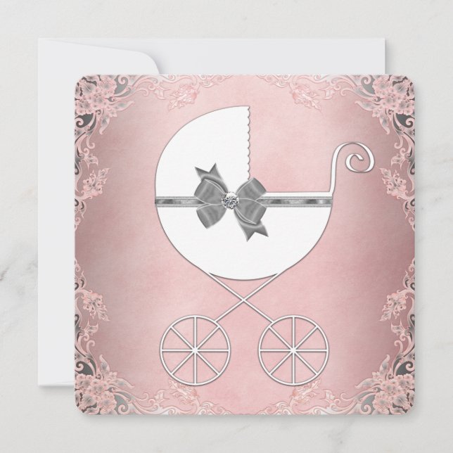 Elegante Rosa und Gray Baby Girl Dusche Einladung (Vorderseite)