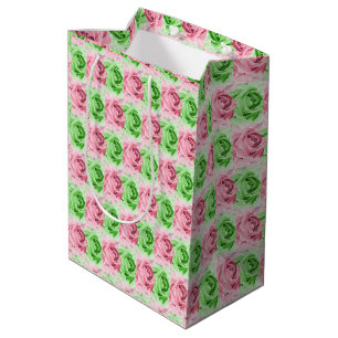 Elegante rosa und grüne Rosen-Geschenktasche Mittlere Geschenktüte