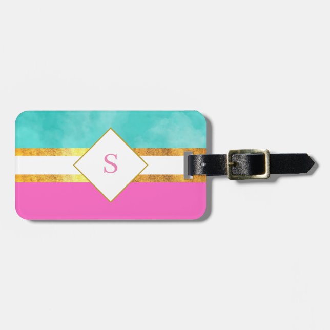 Elegante rosa und grüne Streifen mit Monogramm Gepäckanhänger (Vorderseite horizontal)