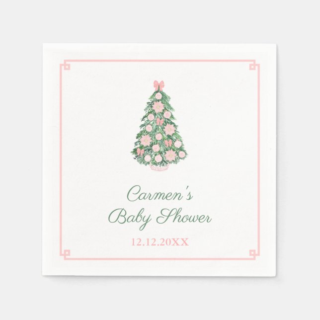 Elegante, rosa und grüne Weihnachtsbaumdusche Serviette (Vorderseite)