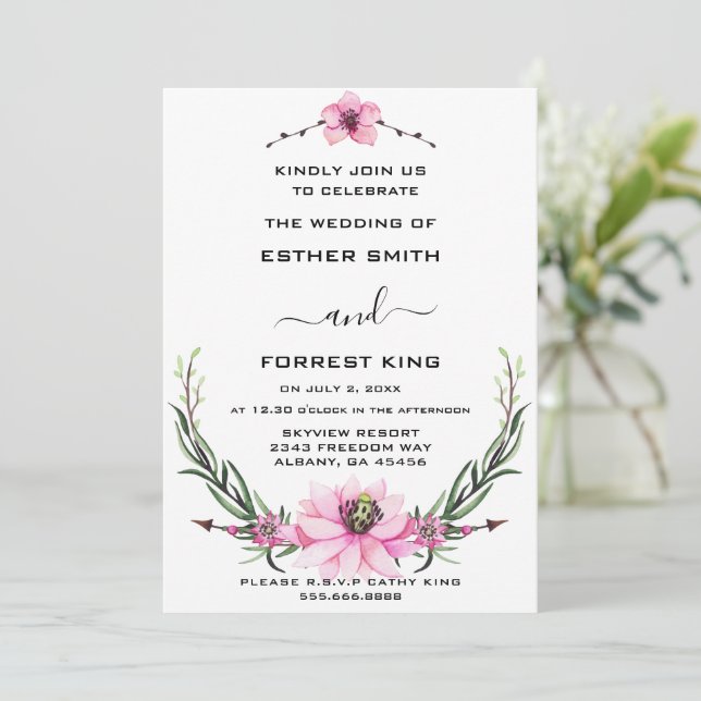 Elegante Rosa und Lila blumengeschichtliche Einlad Einladung (Stehend Vorderseite)