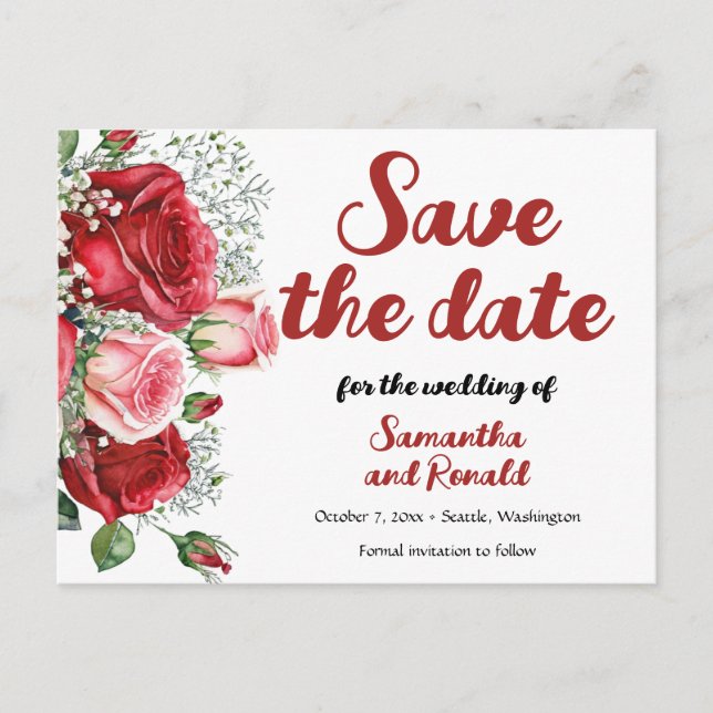 Elegante Rosa- und Rosenhochzeiten Ankündigungspostkarte (Vorderseite)