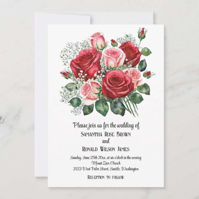Elegante Rosa- und Rosenhochzeiten Einladung (Vorderseite)