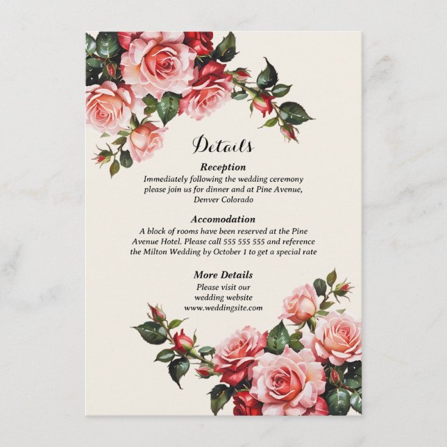 Elegante Rosa und rote Rosen Hochzeit mit Blumenbe Begleitkarte (Vorderseite)