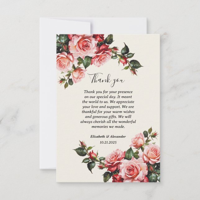 Elegante Rosa und rote Rosen Hochzeit mit Blumenbe Dankeskarte (Vorderseite)