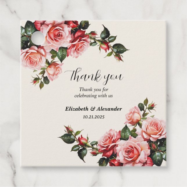 Elegante Rosa und rote Rosen Hochzeit mit Blumenbe Geschenkanhänger (Vorderseite)
