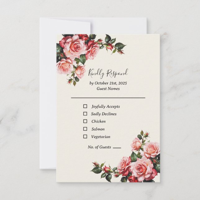 Elegante Rosa und rote Rosen Hochzeit mit Blumenbe RSVP Karte (Vorderseite)