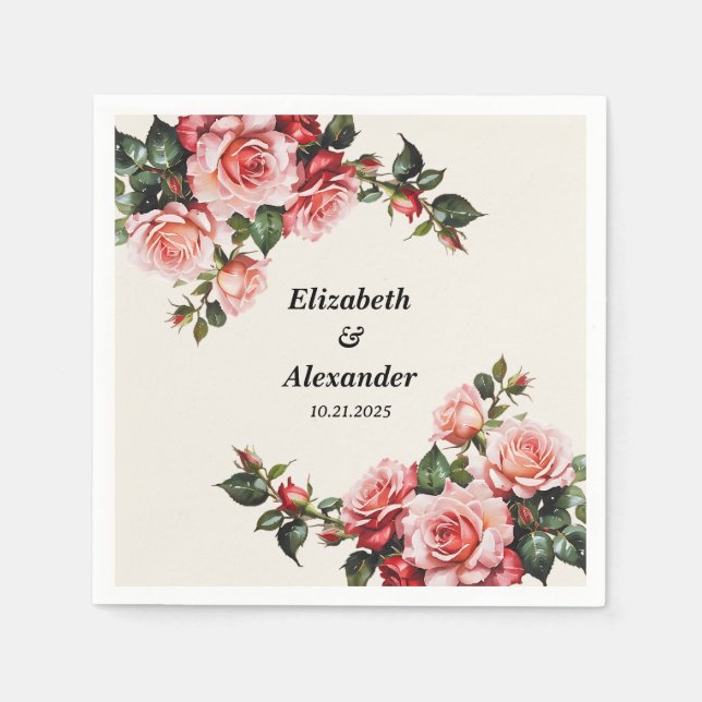 Elegante Rosa und rote Rosen Hochzeit mit Blumenbe Serviette (Vorderseite)