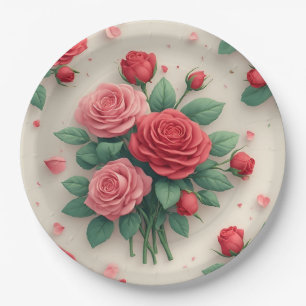 Elegante rosa und rote Rosensträuße Pappteller