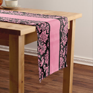 Elegante rosa und schwarze Damasken und Streifen Kurzer Tischläufer
