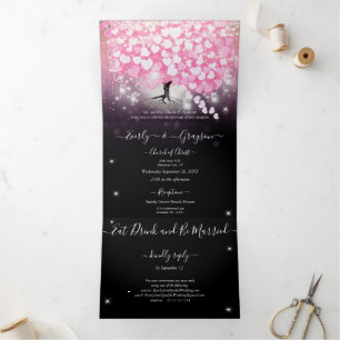 Elegante rosa und schwarze Herzblatt-Hochzeit Dreifach Gefaltete Einladung