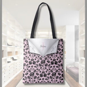 Elegante rosa und schwarze Rosenmonogramm-Name-Tas Tasche