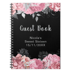 Elegante rosa und silberne Blumen Sweet Sixteen Notizblock