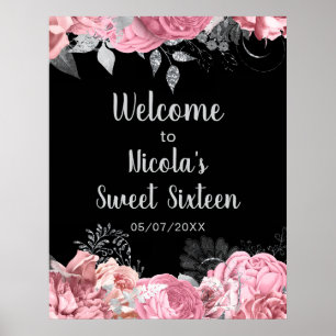 Elegante rosa und silberne Blumen Sweet Sixteen Poster