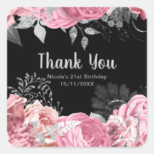 Elegante rosa und silberne Blumen Sweet Sixteen Quadratischer Aufkleber