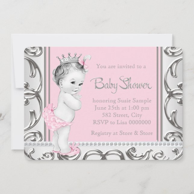Elegante Rosa und Silver Baby Dusche Einladung (Vorderseite)