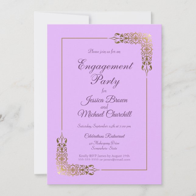 Elegante rosa und Verzierte Gold Lace Engagement P Einladung (Vorderseite)