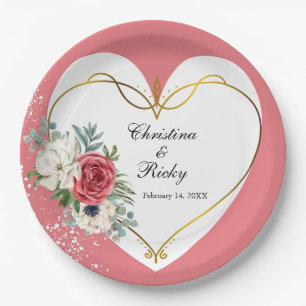 Elegante rosa und weiße Rosenhochzeit Pappteller