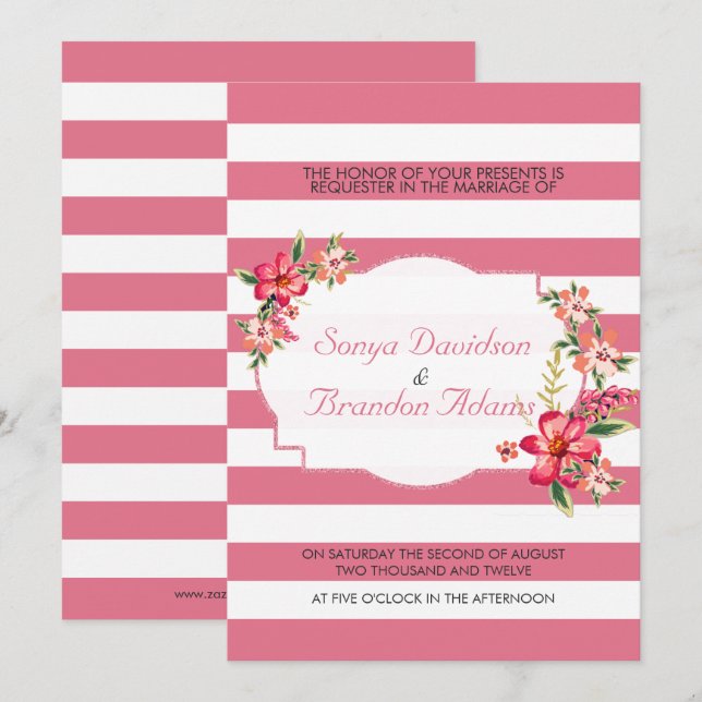 Elegante rosa und weiße Streifen mit Bouquet Weddi Einladung (Vorne/Hinten)