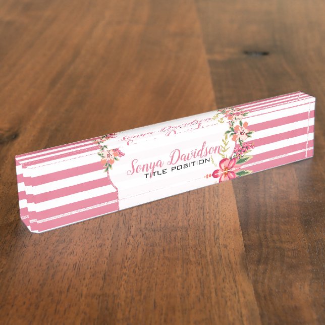 Elegante rosa und weiße Streifen Namensplakette (Seite)