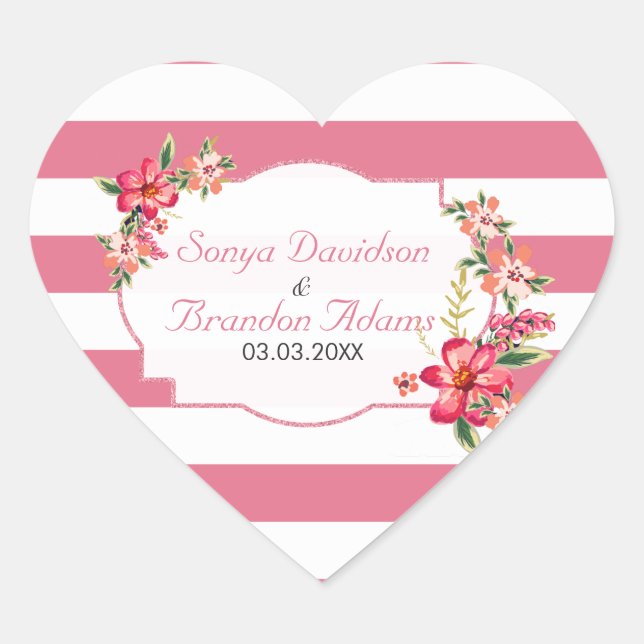 Elegante rosa und weiße Streifen und Blume Herz-Aufkleber (Vorderseite)