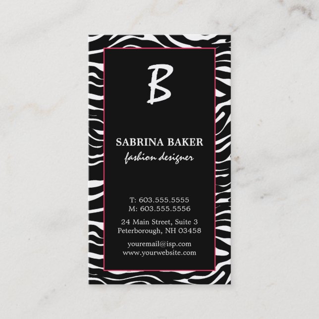 Elegante Rosa-und Zebra-Monogramm-Visitenkarten Visitenkarte (Vorderseite)