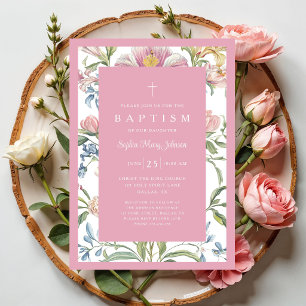 Elegante rosa Vintage-Blumen-Taufe für Baby Mädche Einladung